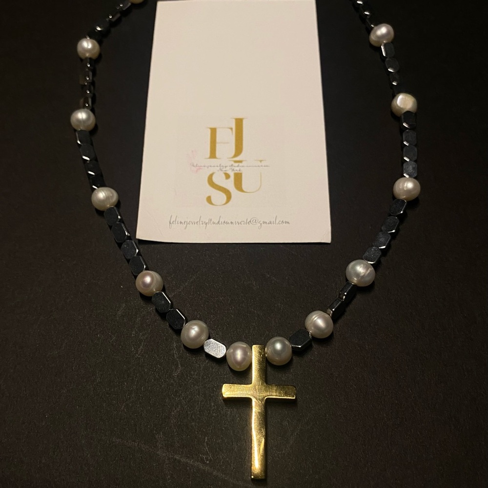 Handmade Gold Cross Necklace with Authentic Pearls